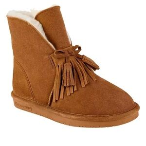 Great❗️BEARPAW Christie Suede Sheepskin Fringe Boots – Hickory (Chestnut Brown)